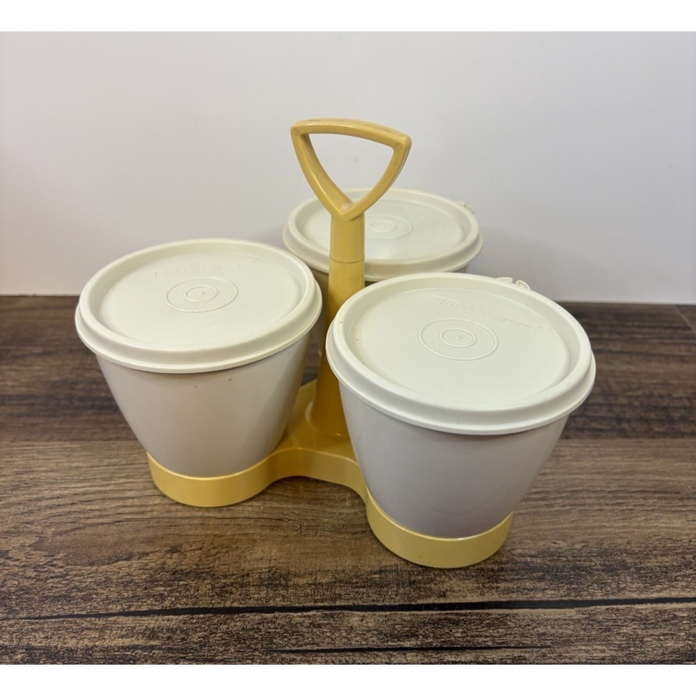 Vintage Tupperware Triple Condiment Set with Lids & Caddy Carrier
